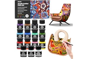 Funto Kit de peinture acrylique pour cuir 12 couleurs - Avec préparateur pour cuir, 2 vernis acryliques, 5 pinceaux en nylon, éponge ronde, 36 autocollants alphanumériques