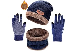ASYBHYY Gorras Mujer Invierno Caliente Sombrero de Boina de Punto y Bufanda con Forro Polar y Guantes Pantalla Táctil Antideslizante Regalos Deportes de Invierno