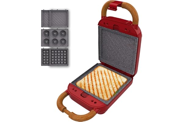 Cecotec Appareil à Sandwichs Rock'nToast Retro One Red. Machine à Sandwich Rétro 700W, 3 Plaques Interchangeables Pour Sandwiches, Gaufres et Beignets,Revêtement RockStone, Base Antidérapante