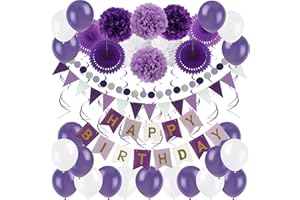ZERODECO Birthday Party Decoration, Happy Birthday Banner with 4 Paper Fans Tissue 6 Paper Pom Poms Flower 10 Hanging Swirl and 20 Balloon for Birthday Party Decorations - Purple, Lavender and White