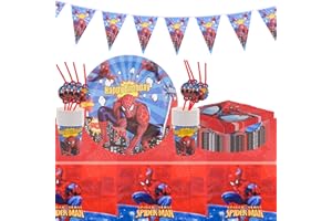 Dekewe 52pcs Partygeschirr mit Spider, Ggeburtstagsdeko Teller Tassen, Servietten Strohhalme Tischdecken, Geburtstagsdeko Party Set für 10 Personen