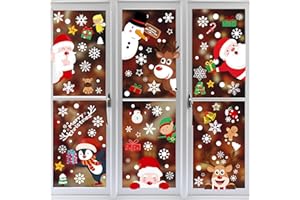 LEUOSO 248Pcs Christmas Window Stickers, Snowflake Window Decals, PVC Static Xmas Double-Side Window Clings with Santa Claus Reindeer Decorations, Easy to Use, 9 Sheets