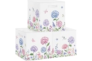 Clastyle 3 Stück Wildblumen Frauen Aufbewahrungsbox Stoff für Kallax Faltbar Aufbewahrungskorb Klein Schrank Organizer Kleiderschrank für Regal,Lila Hortensie,30x30x30 cm