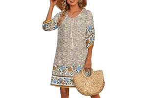 Zeagoo Women Dresses Bohemian Floral 3/4 Sleeve Summer Casual Beach Dress Tunic Dress for Ladies