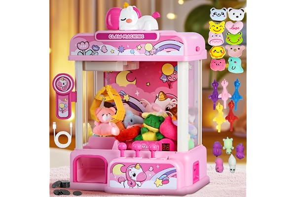 CWLAKON Candy Grabber Machine, Machine à Attraper Les Poupées avec 20 Mini Jouet, Distributeur de Bonbons Jeu d'arcade avec Musique, Anniversaires et Cadeaux de Noël pour Enfants Filles, Rose