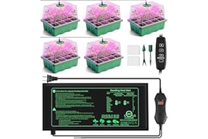 YAUNGEL Seed Trays with Grow Light, Heat Mat with Thermostat, 5 Pack 60 Cells Seed Starter Kit with Humidity Dome and Timing Controller, Propagator for plants, Germination Trays Kit for Indoor Plant