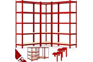 Monzana® Set 3X Estanterías Almacenaje Cargas Pesadas 2625 kg 15 Baldas MDF Estantería Esquinera Modulares Acero Alta Resistencia Garaje Taller Rojo