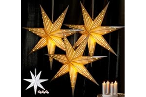 HOUISM 3PCS LED Paper Star Lanterns, Hanging Paper Star Lampshades - Christmas Window Lights Decorations for Wedding Party Home (3*Fairy Lights Incl.)
