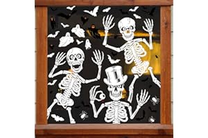 AMLOOPH Halloween Decorations Window Stickers, 10 Sheets Reusable Window Clings - 3 Large Skeleton Stickers + Small Bat Spider Ghost Decals Design for Halloween Window Decorations Indoor