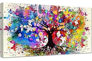 HALFLEMART Colorato Albero della vita Grande Stampa su tela con cornice Farfalla Fiori Astratto Pittura Quadri su tela Quadri Moderni Poster Decorazioni da parete per Soggiorno Camera da letto 50x100cm