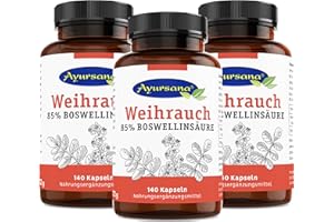 ‎AYURSANA Weihrauch Kapseln (3 x 140 Stück) hochdosiert | Echter indischer Weihrauch mit 85% Boswelliasäuren | 800 mg Weihrauchextrakt je Tagesdosis, davon 660 mg Boswelliasäure | Apothekenqualität