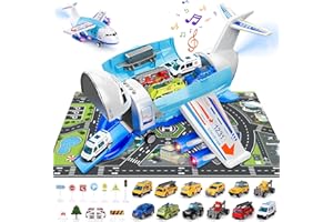 BuzzoXerex Aereo da Trasporto Cargo, Aeroplano Giocattolo con Luci e Suoni, Aerei Trasportatore Set con 12 Pezzi Macchinine per Bambini, Giocattolo Educativo, Regali per Ragazzi e Ragazze (Blu)