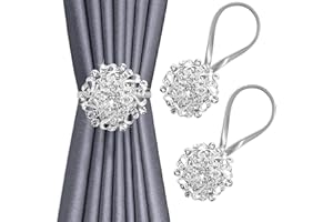 BOCHION Curtain Tie Backs, 2 Pack Sparkling Magnetic Curtain Tiebacks, Crystal Window Curtain Decorative Clips, Drapery Holdbacks With Stainless Spring Wire, No Drilling For Home Hotel Office (Silver)
