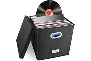 Woodoulogy Scatola nera in lino per LP in vinile, impilabile con coperchio e maniglia – Capacità 50+ dischi, organizer per album e documenti