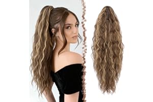 ‎FESHFEN FESHFEN Pferdeschwanz mit Klammer, Lange Wellig Lockig Haarextension Synthetik Zopf Haarverlängerung Claw Clip in Haarteil Ponytail für Damen 65cm Honigblond gemischt Hellbraun