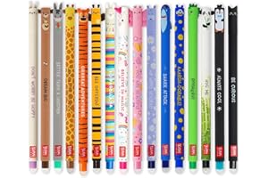 Legami - Juego de 16 bolígrafos de gel borrables con tinta de borrado termosensible, de tinta y diseños de barril, punta de 0,7 mm, diseños de animales