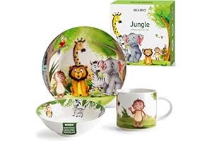 MIAMIO – Set of 3 Kids Dinnerware Set/Porcelain Children Dishes, Kids Dish Set, Children’s Tableware Set - Includes Plate, Bowl and Cup – for Kids and Toddler (Jungle)