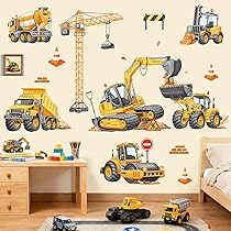 Adesivi Murali Per Bambini Con Escavatori E Trattori - 6 Fogli Pretagliati 20x30 Cm - Decorazione Cameretta E Soggiorno