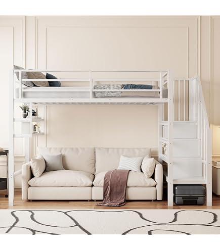 Letto A Soppalco Soweiz Con Scrivania, Scale Contenitore E Striscia LED A Colori – Struttura In Ferro E MDF, Bianco, 90x200 Cm, Senza Materasso