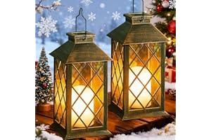 Joycome Farolillos Solares Exterior 2 Piezas Grande Lampara Jardin con Vela Parpadeante, Farol Solar Impermeable Lampara Exterior Mesa, Linterna para Adornos Jardin Terraza Balcón Decoracion - Bronce