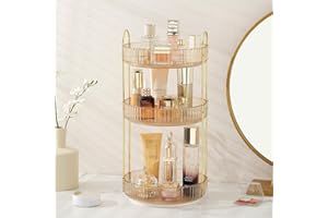 ROWNYEON Makeup Organiser 360 Rotating,Spinning Skincare Cosmetic Organiser 3 Tier Large Beauty Spinny Make Up Storage Organiser Shelf for Perfume, Vanity,Dresser, Bathroom,Toiletry(Gold)