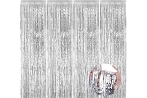 JINSION 4 sztuki srebrnych zasłon lametowych, 1 m x 2 m, brokatowe zasłony imprezowe, foliowe, frędzle, metaliczne błyszczące zasłony, lamety, na urodziny, wesele, imprezę, dekoracja sceniczna