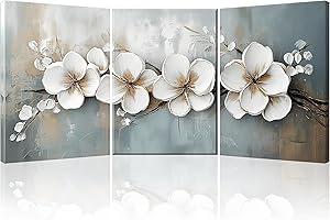 Piy Painting Set of 3 Large Canvas Wall Art Graceful White Floral Modern Canvas Pictures For Wall Decorative Paintings Framed Pictures Artwork For Living Room Office Bedroom Ready To Hang 23x16 inch