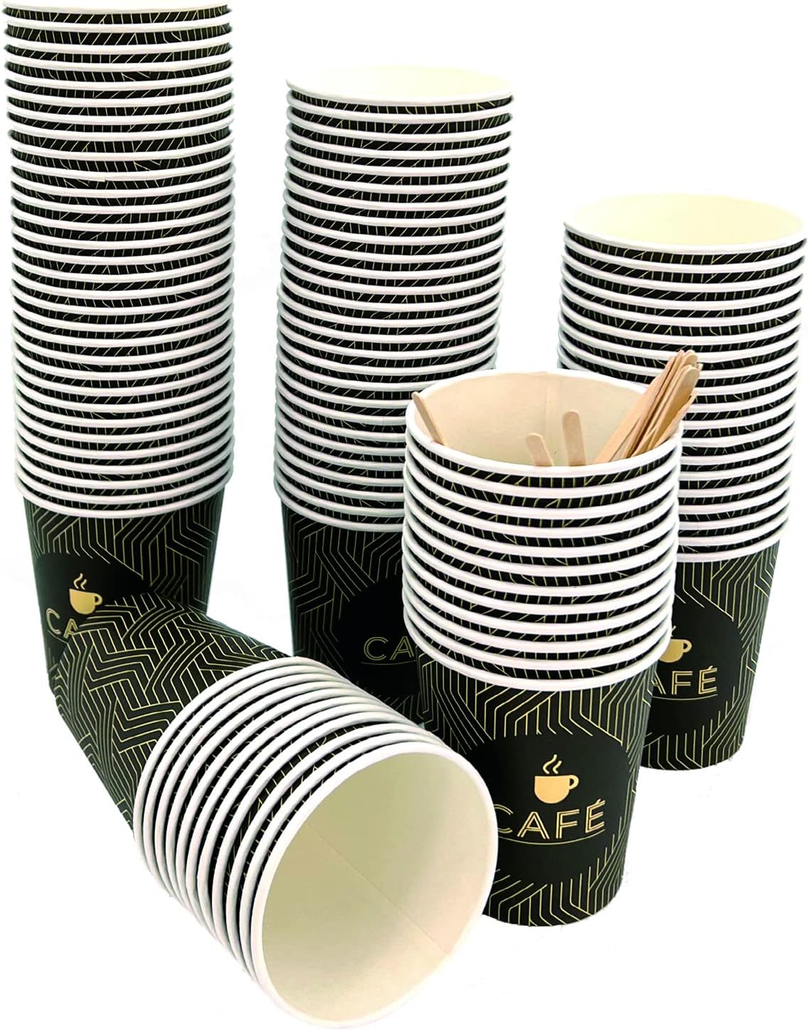 Genérico Pack 100 vasos desechables de cartón para café con paletinas de madera (200ML - SIN TAPA)