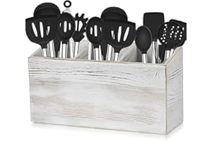 HANOBE Soporte para Utensilios de Cocina, Utensilios: Organizador grande de Utensilios de Cocina de Madera con 3 Compartimentos Color Blanco lavado Vintage cubertería rústica Jarra para Cubiertos Tenedor