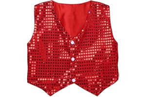 TiaoBug Enfant Garçon Gilet à Paillettes Brillant Veste sans Manches Chemise Vestons Costume de Danse Performance Mariage Baptême Cérémonie Manteau 7-14 Ans