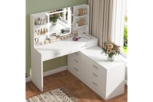 TEENFON Toaletka do makijażu z lustrem z oświetleniem LED i gniazdem elektrycznym, 8 szuflad, 6 półek do przechowywania, 3 tryby koloru i regulowanej jasności, toaletka narożna, biała