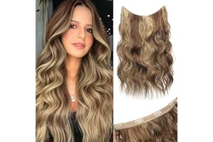 Sofeiyan Extensiones Hilo Invisible Extensión de Cabello Largo Rizado Ondulado con Trama de Encaje Suave Postizos Sintético Extensiones de Pelo para Mujer 50cm, Castaño Caramelo Mixto Rubio Ceniza