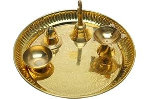 ADITRI CREATION Decorative Pooja Thali with Flower Design Thali Set of 5 Pcs Brass Pooja 1 Plate with 1 Bowl 1 Diya 1 Bell and 1 Incense Stand for Traditional New year Temple Home Bhog Thali Set (Thali Size:-7")