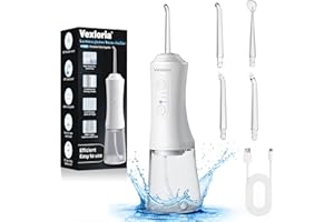 ‎VEXLORIA Vexloria Munddusche Kabellos, Elektrische Zahnreiniger Tragbar IPX7 Water Flosser 3 Modi & 4 Düsen, 300ML Zahndusche Oral Munddusche Testsieger für Entfernt Speisereste und Reinigt Die Zähne (Weiß)