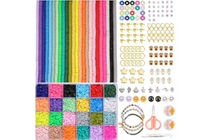 LLGLTOMO 5200 Clay Beads Kit 24 Colors 6mm Flat Polymer Clay Spacer Beads with Elastic String Letters Bead, Shells, Silver Pendants for DIY Jewellery Making Bracelet Necklace Earring Making Kit