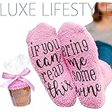 LUXE LIFESTYLE “If You Can Read This Bring Me Some Wine” - Funny Socks Cupcake Gift Packaging - Fuzzy Warm Cotton Sister Wife