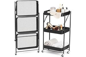 NTEK 3 Tiers Foldable Storage Trolley Cart | Kitchen utility carts | Foldable Rolling Carts | Trolley with Locking Wheels for Kitchen | Kitchen Storage Wagon | Storage Tower Holder Rack (Black)