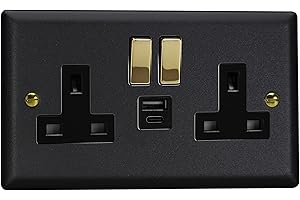 Varilight Double Switched Socket With USB A+C Charging - Vogue Matt Black With Polished Brass/Black Insert