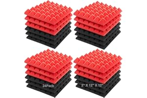 Jber - Panneaux acoustiques de forme pyramide en mousse - 5,1 x 30,5 x 30,5 cm - Pour studio et insonorisation - Rouge et noir - Lot de 24
