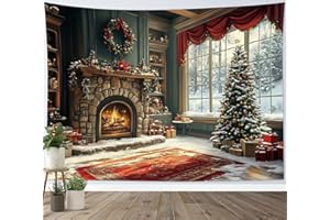 LB Wandteppich Weihnachten Trer Wandtuch Weihnachtsgirlande auf Kamin Wandbehang Winter Schneewald aus dem Fenster Tapisserie für Wohnzimmer Schlafzimmer Wohnheim Wanddeko,150x130cm
