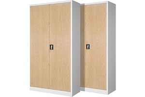 Jan Nowak Set di 2 Armadio da Ufficio C001 Archivio per Officina in Metallo Verniciato a polvere Chiudibile 195 cm x 90 cm x 40 cm (Bianco-Aspetto Legno)