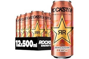 ‎ROCKSTAR Rockstar Energy Drink Peach Geschmack - Zero Sugar - Koffeinhaltiges Erfrischungsgetränk ohne Zucker für den Energie Kick, EINWEG (12 x 500ml) (Verpackungsdesign kann abweichen)