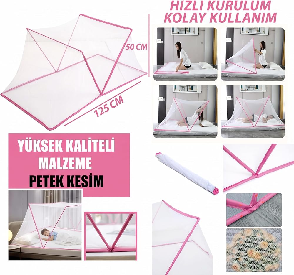 Bebek ve Çocuk İçin Portatif Cibinlik, Sinek ve Haşere Koruyucu Beşik Tülü, Yatak ve Puset Uyumlu, Beyaz, 50x125 cm