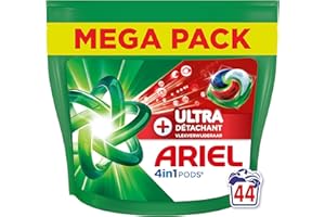 Ariel Pods 4en1 +Ultra Détachant, Lessive en Capsules, 44 Lavages, Élimine Même les Tâches Incrustées Depuis 7 Jours, Dissolution Rapide Même à Froid, Fabriqué en France