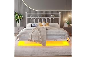 JELUTE Double Bed Frame with LED Lights Storage Headboard and Charging Station, Heavy Duty Metal Platform Double Bed Frame, No Box Spring Needed, Noise Free, White