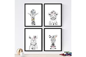 Nacnic Set de 4 láminas de Animales Infantiles De Fiesta, en tamaño A4, Poster papel 250 gr. Sin Marco