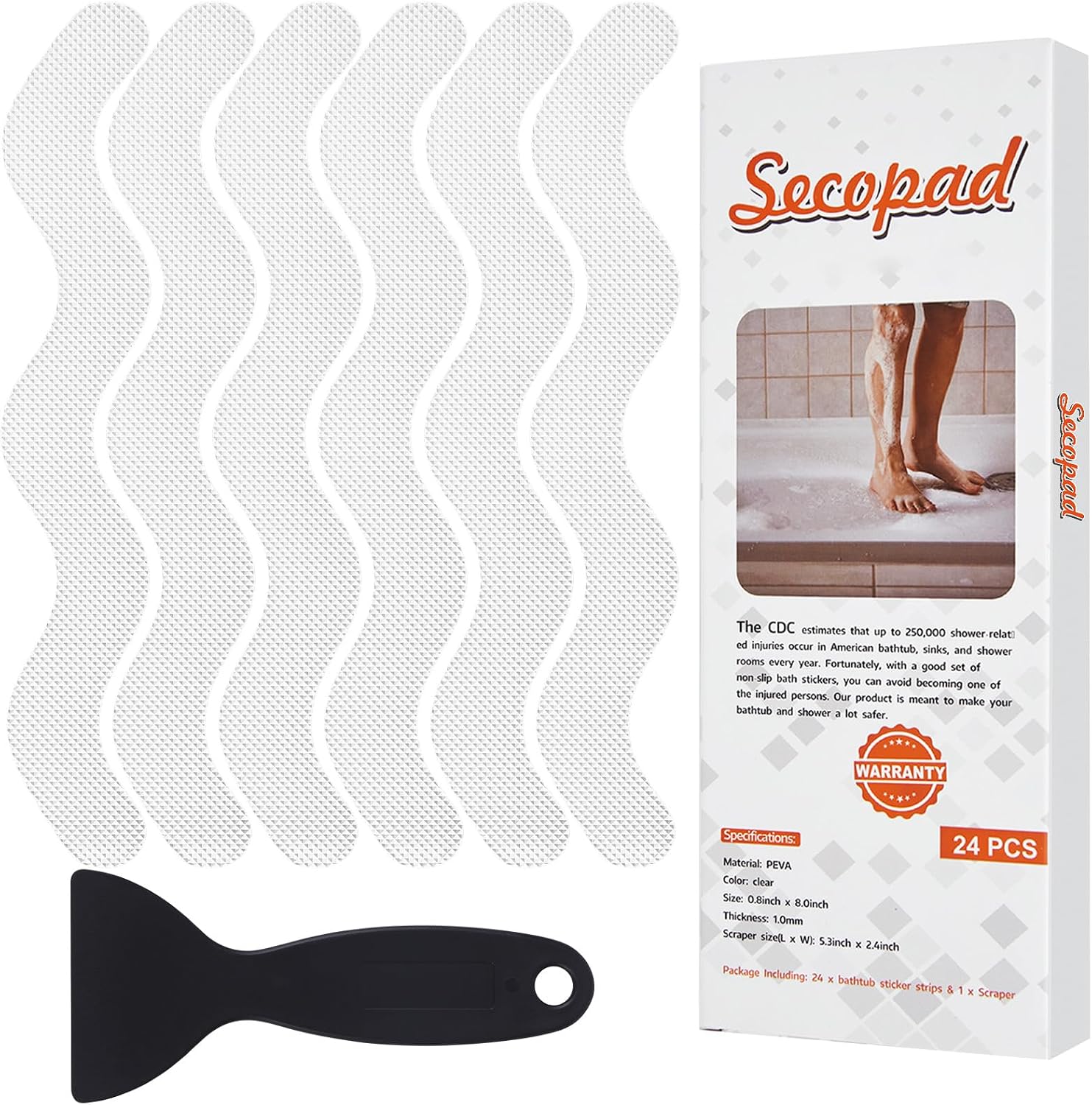 Secopad Pegatinas Antideslizantes para Ducha, 24 unidades, Tiras Adhesivas de Seguridad para Bañera, Ducha, Escaleras, Raspador Incluida (Transparente)
