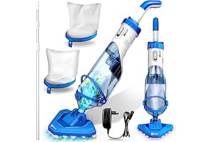 tillvex Poolsauger mit Akku & Teleskopstange + Ersatzfilter bis zu 15 m³ | Pool Bodensauger elektrisch | Poolreiniger mit Filter & 60 min Laufzeit | Handsauger Reinigungsset kabellos (Blau/Weiß)