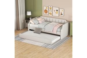 Kehun Kinderbett Polsterbett 90x200 cm, Schlafsofa Tagesbett mit Ausziehbares Rollbett, Sofabett Jugendbett mit Lattenrost aus Holz, Gästebett für Wohnzimmer Schlafzimmer, Leinen, Beige, Ohne Matratze