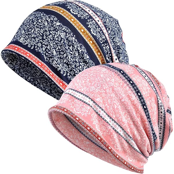 Jemis 2-Pack Slouchy Beanie Hats For Women - Chemo Caps For Hair Loss, Soft Cotton Blend, One Size Fits Most (White & Navy)